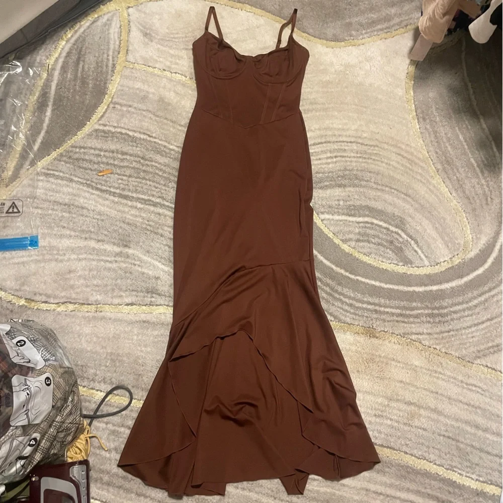 Popilush Chocolate Brown Shapewear Mermaid Maxi Dress Built-In Shaper Medium - Picture 2 of 7